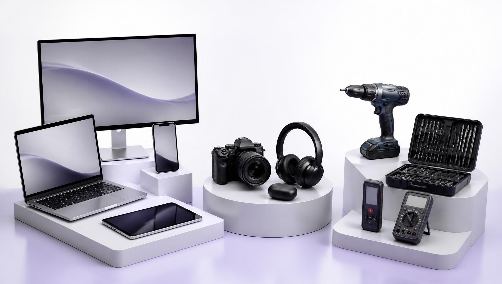 Professionelle Produktkomposition: Laptop, Smartphone, Kamera, Akkuschrauber und Messgeräte