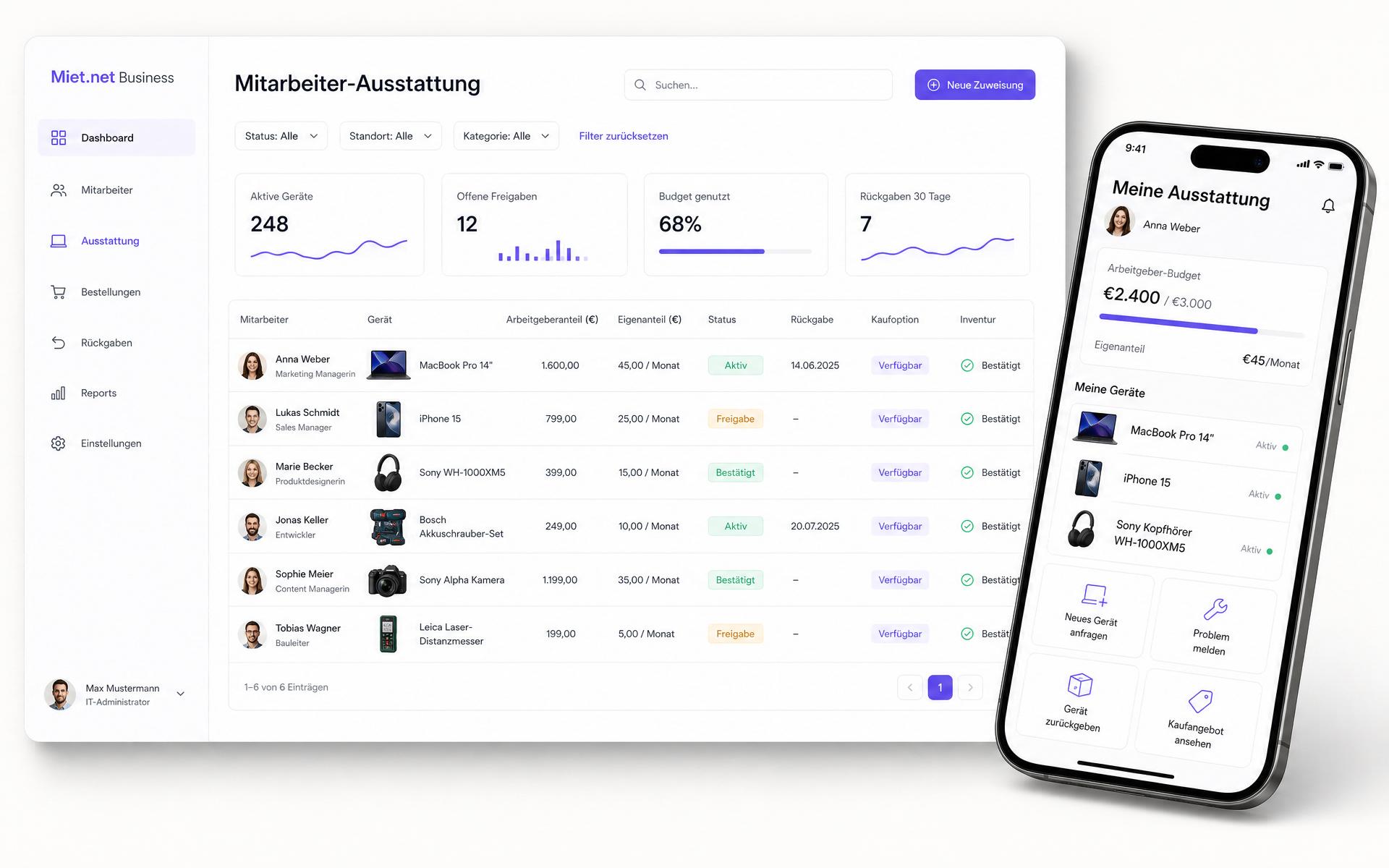 EEaaS Dashboard mit Mitarbeiterportal auf Desktop und Smartphone
